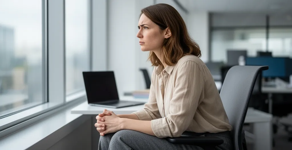 Femme pensive à son bureau illustrant l'esprit d'escalier après une conversation